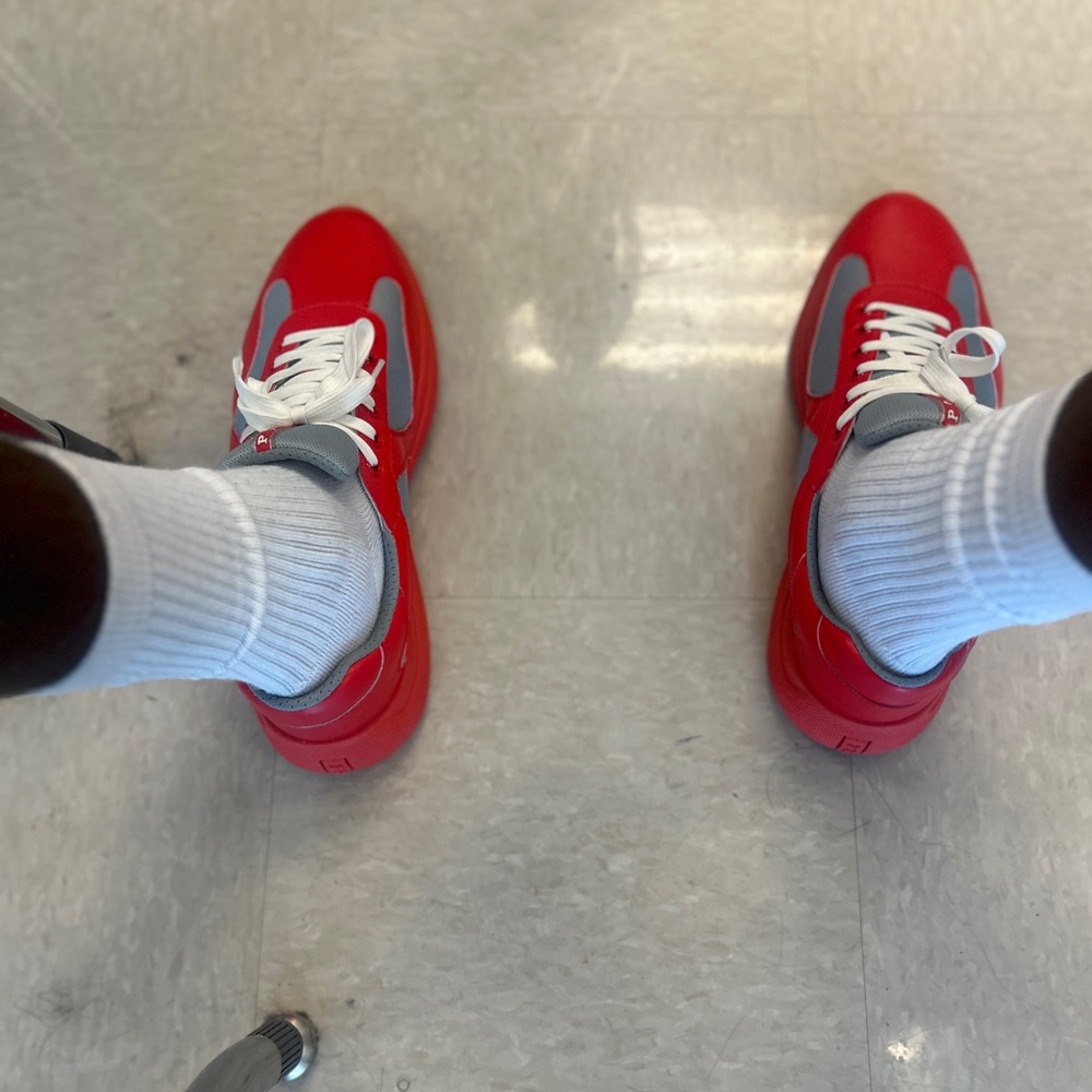 Mens size 12 US/46 EU Red and Gray Prada Milano Sneakers - Picture 2 of 4